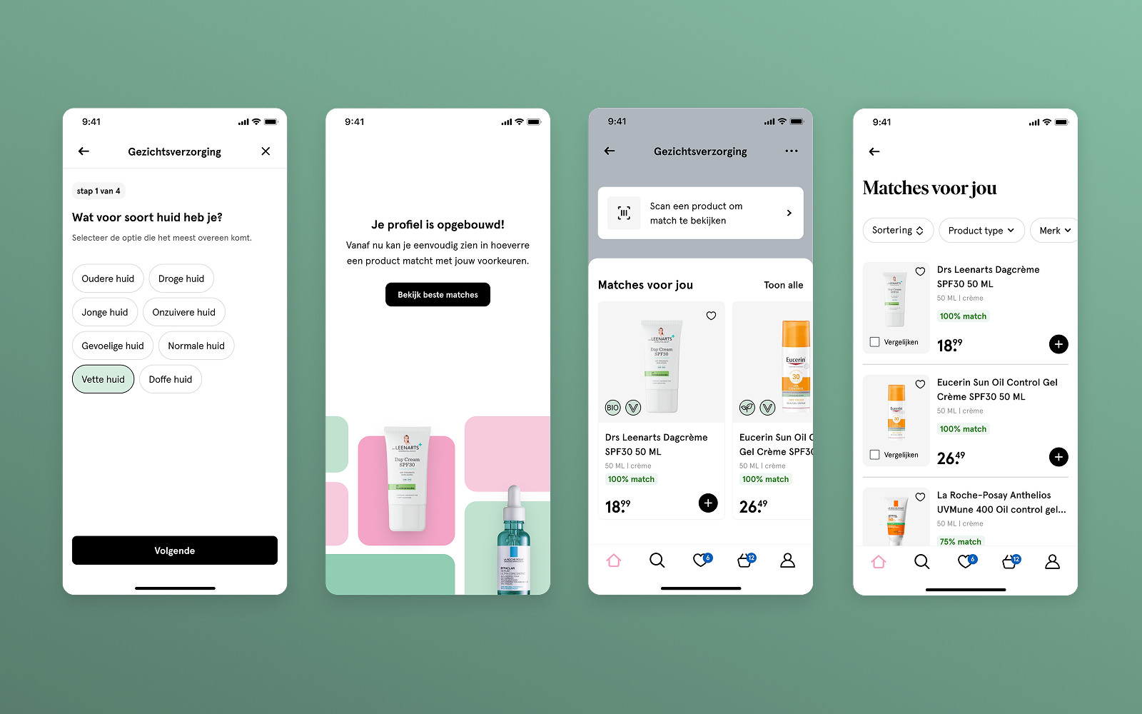 Mijn Match interface schermen