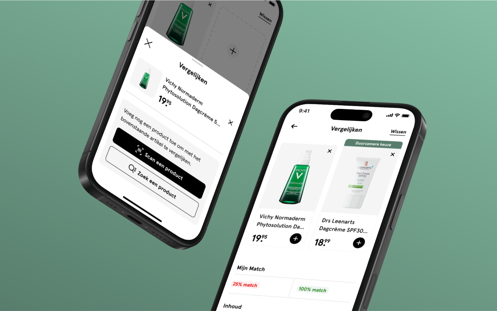 Mijn Match interface schermen in mockup smartphone